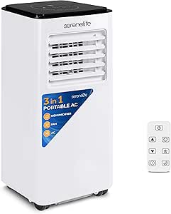 SereneLife 8000 BTU Portable Air Conditioner - 3-in-1 Compact Standing Air Conditioner for Room Up to 300 Sq. Ft. - Floor AC Unit with Remote Control - Universal Casters, Window Mount Kit