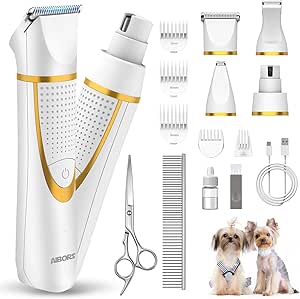 Small Dog Grooming Kit, 4 in 1 Electric Cordless Dog Paw Trimmer with Nail Grinder, Low Noise Dog Nail Trimmers, IPX7 Waterproof Small Dog Grooming Clippers for Paws, Ears, Face, Hip Hairl