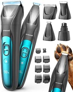 oneisall Silent Dog Clippers for Grooming, LED Light Dog Paw Trimmer Dog Nail Grinder, Rechargeable 2000mAh Dog Grooming Clippers Cordless Dog Hair Trimmer Electric Dog Trimmer for Small Dog Large Dog