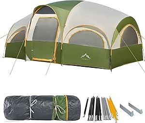 8 Person Tent for Camping, Waterproof Windproof Family Tent with Rainfly, Divided Curtain Design for Privacy Space, Portable with Carry Bag