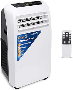 SereneLife Small Air Conditioner Portable 10,000 BTU with Built-in Dehumidifier + Heat - Portable AC unit for rooms up to 450 sq ft - Remote Control, Window Mount Exhaust Kit