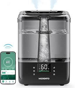 MORENTO Smart Humidifiers for Bedroom Large Room Home, 6L Cool Mist Top Fill Humidifier with Essential Oil Diffuser, Smart App & Voice Control, for Nursery & Plants, Black, 1 Pack + 7 Color NightLight