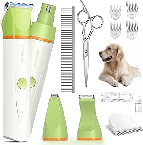 Dog Grooming Kit with Paw Trimmer, All-in-One Low Noise Electric Rechargeable Cordless Small Quiet Pet Clippers Foot Dog Hair Shaver with Stainless Steel Scissors and Comb for Dogs Cats at Home