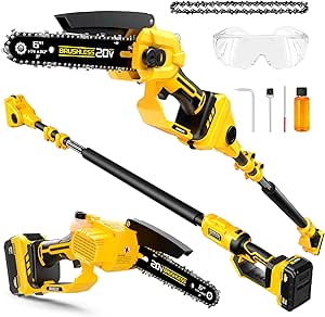 2-in-1 Cordless 6 Inch Pole Saw & Mini Chainsaw, 20V MAX* 3.0 Ah Battery Powered Chain Saw, Brushless Motor, Lightweight (7.1 lbs), 14.2 FT Max Reach Pole Saw for Tree Trimming, Wood Cutting