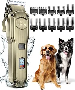 oneisall Dog Clippers for Grooming for Thick Heavy Coats/Low Noise Rechargeable Cordless Pet Shaver with Stainless Steel Blade/Waterproof Dog Shaver for Dogs Pets and Animals (Gold)