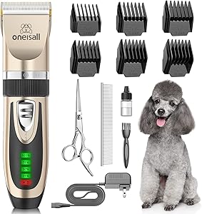 oneisall Dog Clippers Low Noise, 2-Speed Quiet Dog Grooming Kit Rechargeable Cordless Pet Hair Clipper Trimmer Shaver for Small and Large Dogs Cats Animals (Gold)