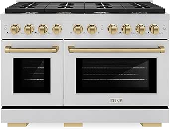 ZLINE Autograph Edition 48 in. 6.7 cu. ft. Paramount Double Oven Gas Range with 8 Burner Cooktop in Stainless Steel and Champagne Bronze Accents (SGRZ-48-CB)