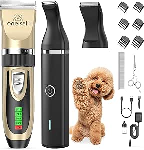 oneisall Dog Grooming Clippers and Dog Paw Trimmer Kit 2 in 1 Quiet Cordless Dog Clippers for Grooming Pet Hair Paws Trimmers for Small Dogs Cats Animals