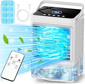 Personal Air Conditioner w/Remote & LED Screen, 90° Oscillation, 4H Timer, 7 LED Night Light, 2 Cool Mist, 3 Speeds Evaporative Air Cooler, Portable Air Conditioners for Bedroom Desk Camping