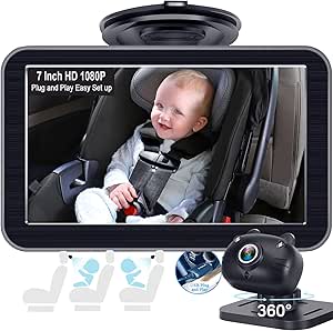 DoHonest Baby Car Camera 7-Inch: USB Plug and Play Easy Setup 360 Degree Rotating Backseat Camera Two Kids HD 1080P Rear Facing Car Seat Camera Clear Night Vision -V9 Black