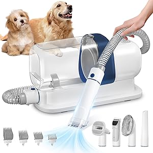 Pet Grooming Kit, Dog Grooming Clippers with 2.3L Vacuum Suction 99% Pet Hair, Pet Grooming Vacuum Low Noise with 5 Pet Grooming Tools and 4 Clipper Guards for Dogs Cats (Blue & White)