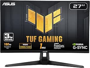 ASUS TUF Gaming 27” 1440P HDR Monitor (VG27AQ3A) – QHD (2560 x 1440), 180Hz, 1ms, Fast IPS, 130% sRGB, Extreme Low Motion Blur Sync, Speakers, Freesync Premium, G-SYNC Compatible, HDMI, DisplayPort