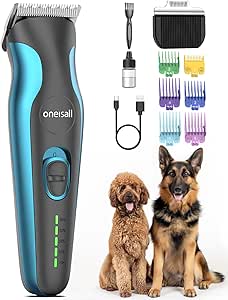 oneisall 2 in 1 Dog Clippers Grooming and Paw Trimmer, Cordless 50dB Quiet Rechargeable 2 Speed Dog Hair Clippers with Detachable Stainless Steel Blade for Small & Large Dogs Pets with Thick Coats