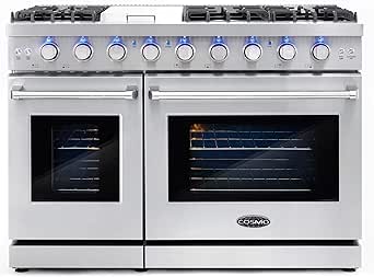 COSMO COS-EPGR486G 48 in. Haven Collection 6.8 cu. ft. Double Oven Gas Range, 6 Burners, Griddle, Convection, Knob LEDs, Stainless Steel