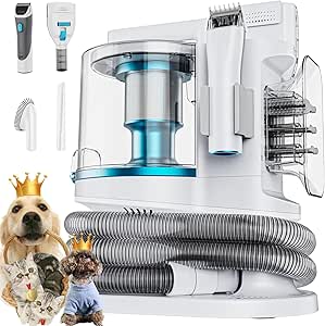 Pet Grooming Kit with 3.4L Oversized Vacuum Suction - 99% Pet Hair Removal - Professional Dog Clippers & Shedding Tools for Cats, Teddy, Poodle, Golden Retrievers (Metal Blue&White)