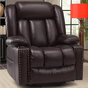 Large Power Lift Chairs Recliners for Elderly with Heated and Massage, Overstuffed Adjustable Lift Chairs, 3 Positions, Breathable Leather, USB-A and USB-C, Cup Holder, Side Pocket Dark Brown