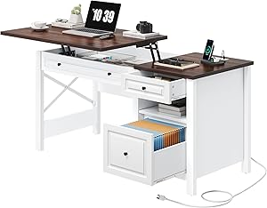 YITAHOME Standing Desk with Drawers, Farmhouse Executive Desk with Lift Top, Computer Desk with Power Outlets, Office Desk with Storage Shelves for Home Office, Brown & White