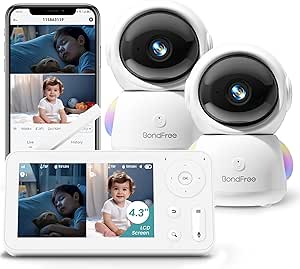 BondFree 2K Baby Monitor with 2 Cameras and Audio, Baby Monitor no WiFi RGB Night Light, Baby Monitor WiFi Smartphone 2.4G for Nursery, Pet, Elderly, 355° Rotation, Compatible with Alexa Google Home