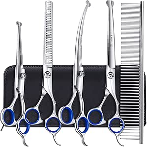 Gimars Titanium Coated Professional 6 in 1 4CR Stainless Steel Dog Grooming Scissors with Safety Round Tip, Heavy Duty Pet Grooming Scissor for Dogs, Cats and Other Animals