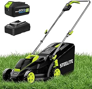 STEELITE 13-Inch Cordless Lawn Mower, 21V 4.0Ah Electric Mower with Brushless Motor, 5-Position Height Adjustment, Lightweight, 8-Gallon Grass Bag, Battery & Charger Included