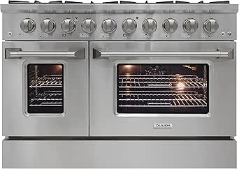 DE480GRSSS Gas Range Cooktop, 48-Inch with Double Porcelain Convection Oven and Broil Function, 8 Sealed Burners Continuous Grates with Stainless Steel Construction, Metallic