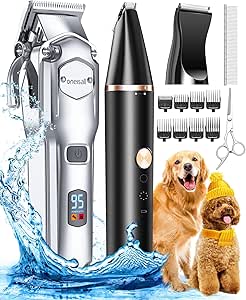 oneisall Dog Grooming Kit for Heavy Thick Hair&Coats/Low Noise Rechargeable Cordless Pet Shaver with Stainless Steel Blade and Dog Paw Trimmer/Waterproof Dog Shaver for Dogs Pets Animals