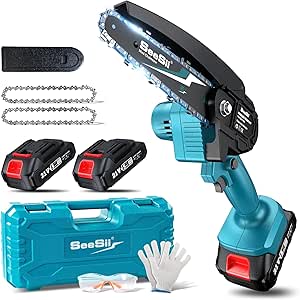 Seesii Mini Chainsaw Cordless 6-inch, Handheld Electric Power Chain Saw with 2 Batteries, for Tree Trimming Wood Cutting, Best Gifts for Dad, Husband