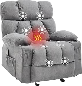 Massage Rocker Recliner Chair with Heat and Vibration Ergonomic Rocking Lounge Chair for Living Room Comfy Overstuffed Recliner with 4 Side Pockets,2 Cup Holders, USB Charge Port, Grey