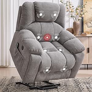 Phoenix Home Large Power Lift Recliner with Massage and Heat for Elderly, Electric Chair with USB Port, 2 Hidden Cup Holders, Light Gray