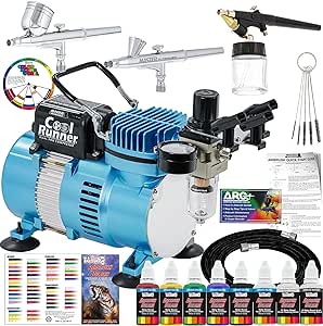 Master Airbrush Cool Runner II Dual Fan Air Compressor Professional Airbrushing System Kit with 3 Airbrushes, Gravity and Siphon Feed - 6 Primary Opaque Colors Acrylic Paint Artist Set - How to Guide