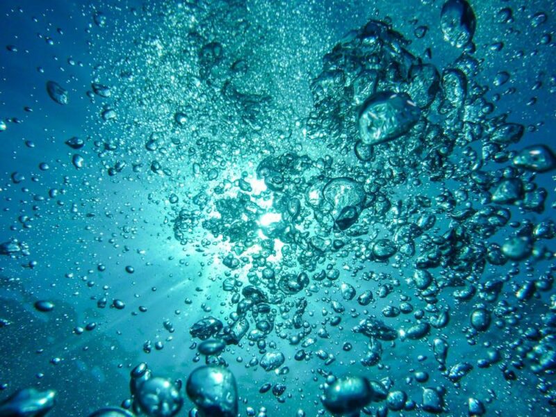 Free Capture of underwater bubbles rising towards the surface with sunlight streaming through. Stock Photo