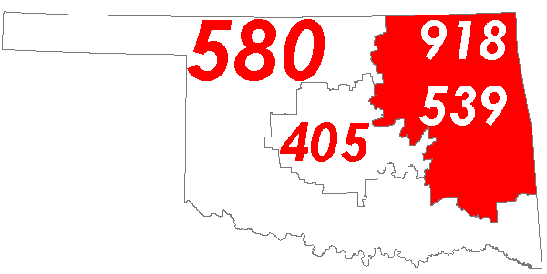 Oklahoma area codes 918 and 539 location map