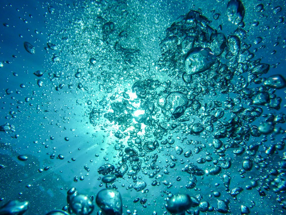 Free Capture of underwater bubbles rising towards the surface with sunlight streaming through. Stock Photo