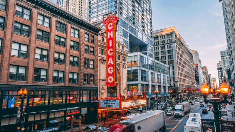 Chicago downtown street iconic Chicago Theatre Lud Foe origin