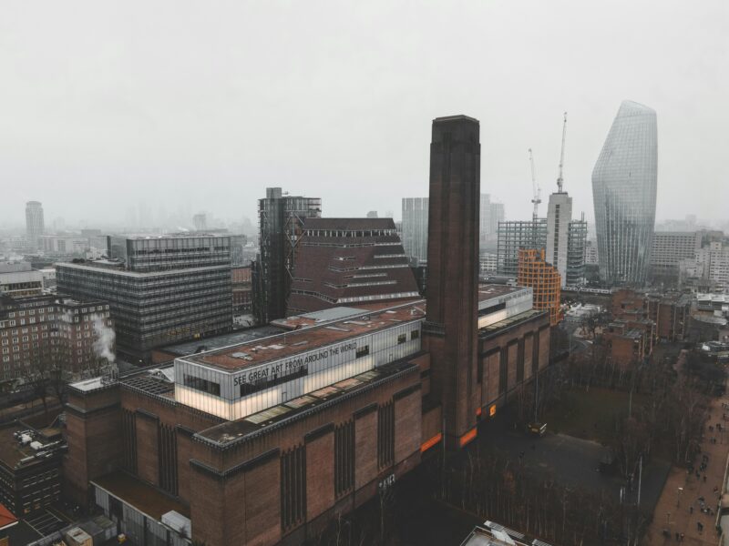 Aerial view of the iconic Tate Modern and surrounding London skyline.