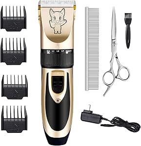 Dog Grooming Kit Clippers, Low Noise, Electric Quiet, Rechargeable, Cordless, Pet Hair Thick Coats Clippers Trimmers Set, Suitable for Dogs, Cats, and Other Pets (Gold)