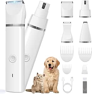 Dog Clippers Grooming Kit Hair Clipper-Low Noise Paw Trimmer- Rechargeable - Cordless Quiet Nail Grinder Shaver for Cats and Other Pets