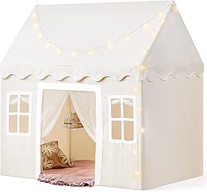 Tiny Land Play Tent with Padded Mat & LED Lights, Kids Tent, Playhouse for Kids, Indoor Bed Tent for Toddler, Toys for 3,4,5,6-Year-Old Girls, Neutral Color Play Room Furniture