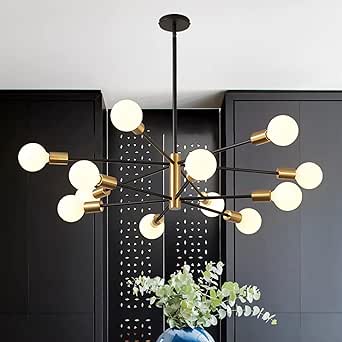 Modern Chandelier Ceiling Light Fixture Sputnik Chandeliers Gold and Black Farmhouse Chandelier Over Table 12-Light Height Adjustable Chandeliers for Dining Room, Living Room,Kitchen Island