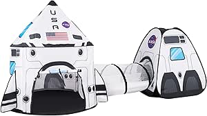 JOYIN White Rocket Ship Pop up Play Tent with Tunnel and Playhouse Kids Indoor Outdoor Spaceship Tent Set