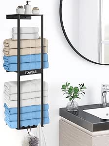 Bathroom Towel Storage Rack, Wall Towel Rack for Rolled Towels, 3 Tier Towel Holder Shelf with 4 Hooks for Small Bathroom, Matte Black