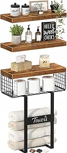 Bathroom Shelves with Towel Rack - Farmhouse Floating Shelf Over Toilet Wall Decor Racks 16 inch Set of 3, Rustic Brown (12BN3)