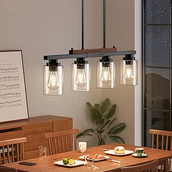 Amico Dining Room Light Fixture 4-Light Kitchen Island Lighting with Adjustable Rods, Farmhouse Decor Black Metal & Wood Chandelier with Seeded Glass Shade, Island Lights for Kitchen