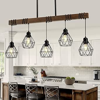 5-Light Kitchen Island Lighting Hanging for Farmhouse Linear Chandeliers,Dining Room Light Fixture/Chandelier Over Table,Matte Black Rustic Wood Ceiling Pendant Light Fixtures with Metal lampshade