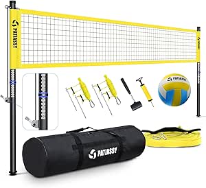 Portable Professional Outdoor Volleyball Net Set with Adjustable Height Aluminum Poles, Winch System, Volleyball with Pump and Carrying Bag for Backyard Beach