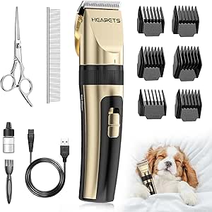 Dog Grooming Clippers, Low Noise, Electric Quiet, Adjustable Clipper Comb, Rechargeable Cordless Dog Hair Clippers for Dogs Cats Pets, Gold