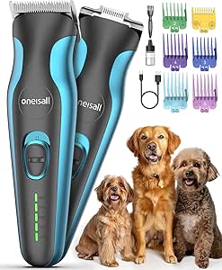 oneisall 2 in 1 Dog Clippers Grooming and Paw Trimmer, Cordless 50dB Quiet Rechargeable 2 Speed Dog Hair Clippers with Detachable Stainless Steel Blade for Small & Large Dogs Pets with Thick Coats