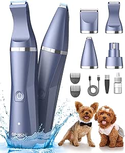 oneisall Dog Clippers Grooming Kit 4 in 1, Low Noise Dog Paw Trimmer&Dog Nail Grinder,IPX7 Waterproof Cordless Dog Trimmer Shaver for Small Dogs and Cats