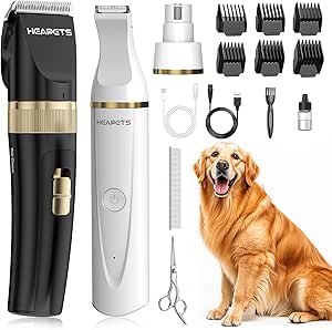 Dog Hair Clippers for Grooming Kit and Dog Paw Trimmer Nail Grinder for Grooming, Low Noise Rechargeable Cordless, Shaver Grooming Supplies for Pet Cats Dogs (Black, White)