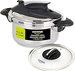 Universal (4.2 Quart / 4 Liter) Small Stainless Steel Easy Use Pressure Cooker + Extra Glass Lid, 5 Servings, Induction Compatible, Pressure Cooker & Multipurpose Pot